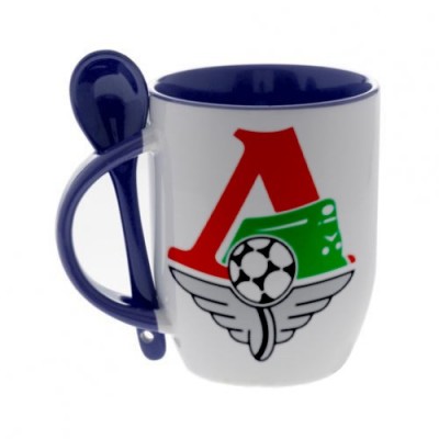Синяя кружка с ложкой с логотипом Локомотив